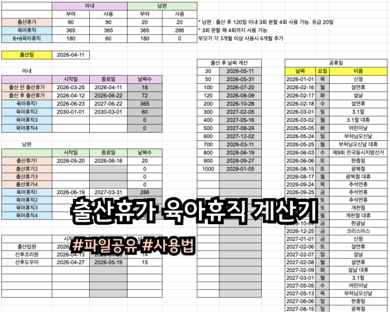 P. 출산준비 : 출산휴가 육아휴직 날짜 계산기 v.1 구글 시트 공유 (사용법 포함)