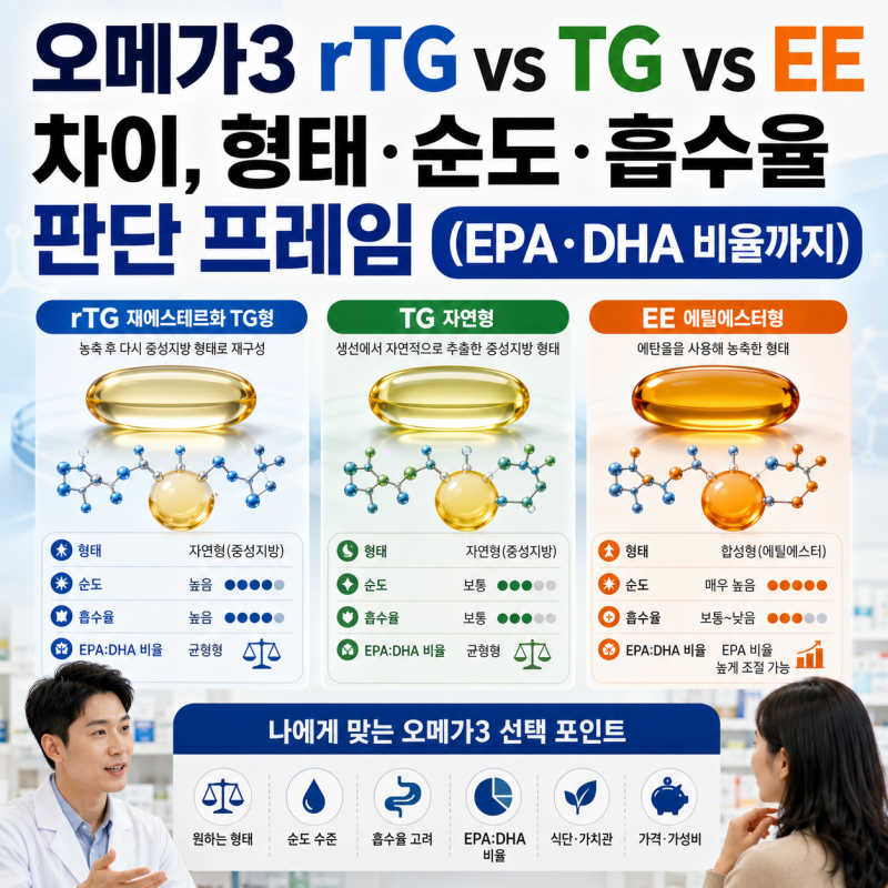 오메가3 rTG vs TG vs EE 차이, 형태·순도·흡수율 판단 프레임 (EPA·DHA 비율까지)