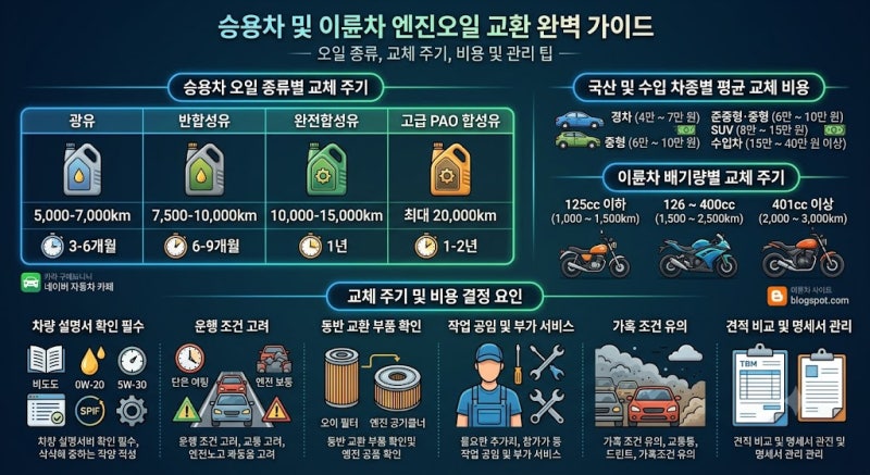 바가지 피하는 엔진오일 교환법: 유종별 주기, 차종별 견적, 정비 팁