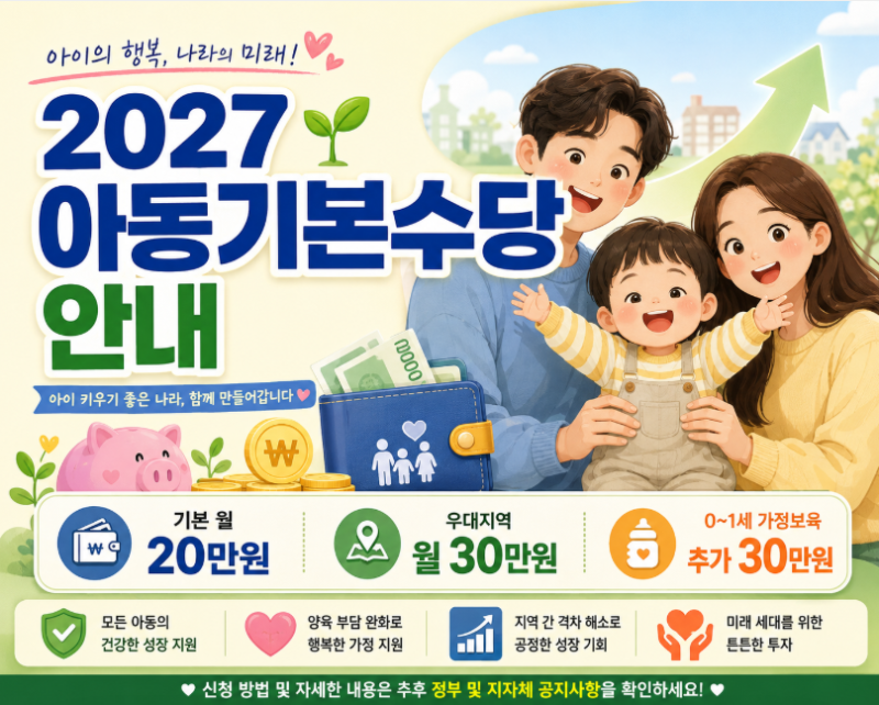 2027 아동기본수당 월 20만원｜우대지역 30만원·가정보육 최대 60만원, 대상 총정리