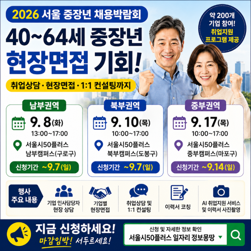 2026 서울 중장년 채용박람회｜40~64세 9월 7일까지 신청, 현장면접·취업상담 총정리