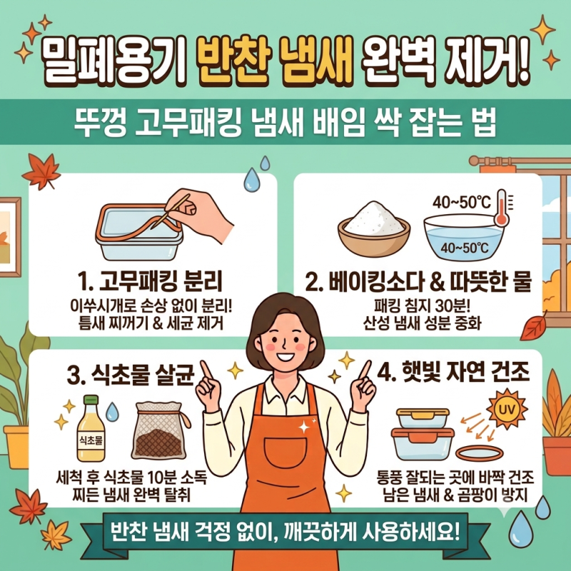 밀폐용기 반찬 냄새 완벽 제거! 뚜껑 고무패킹 냄새 배임 싹 잡는 법