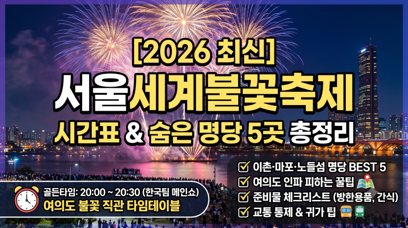 [2026 최신] 서울세계불꽃축제 시간표 & 여의도 안 가고 보는 숨은 명당 5곳 총정리 (이촌·마포....