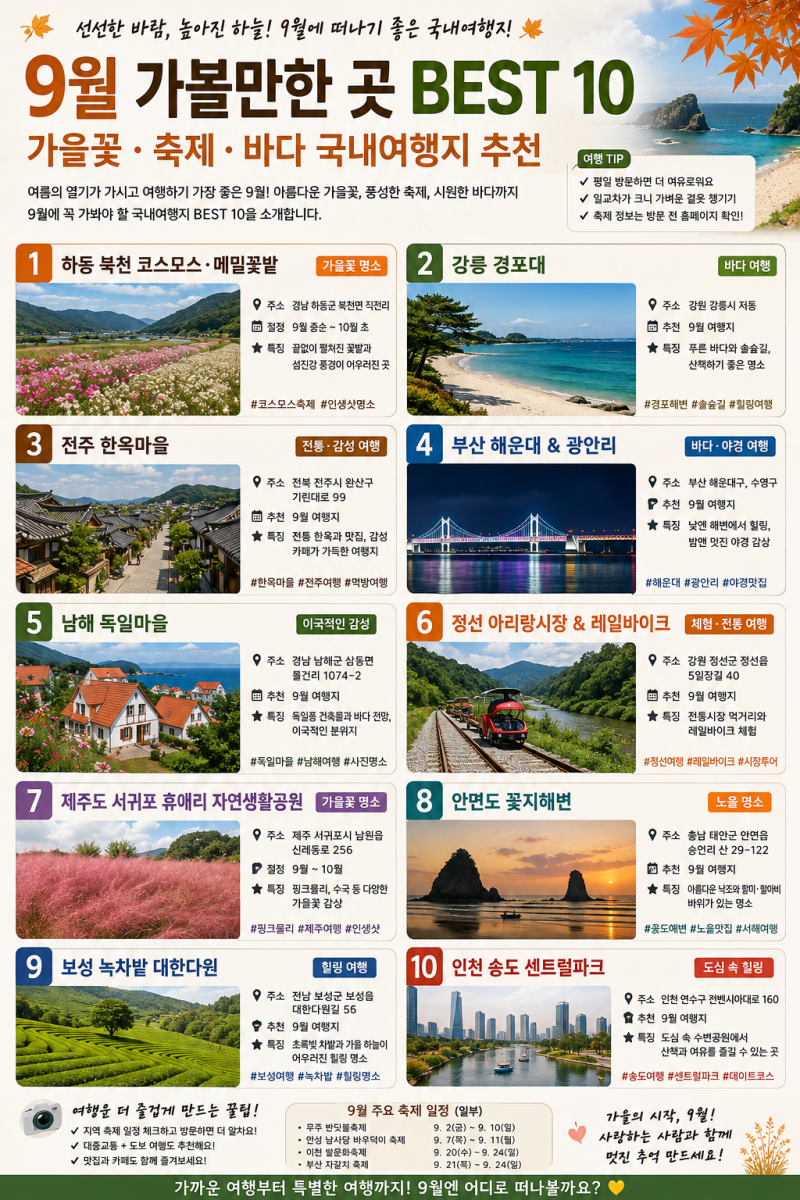 9월 가볼만한 곳 BEST 10｜가을꽃·축제·바다 국내여행지 추천
