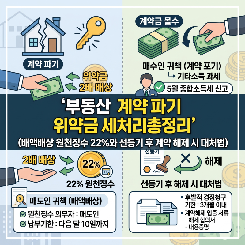 부동산 계약 파기 위약금 세무처리 총정리 (배액배상 원천징수 22%와 선등기 후 계약 해제 시 ....