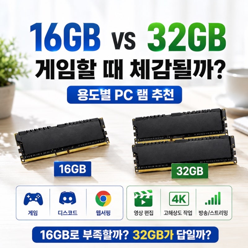 램 16GB vs 32GB, 게임할 때 체감될까? 용도별 PC 램 추천