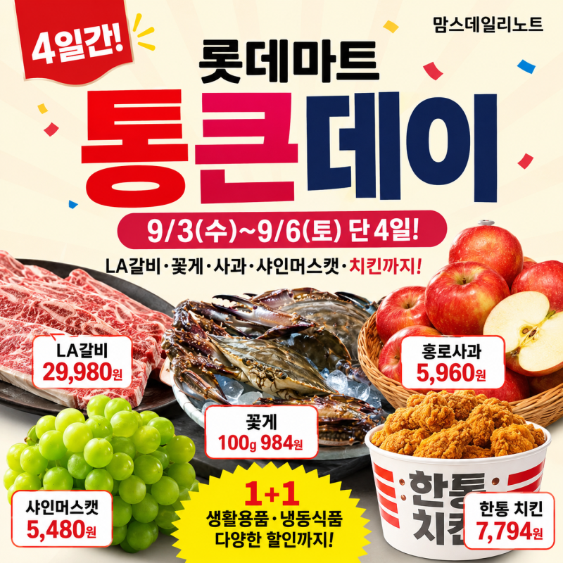 2026 롯데마트 통큰데이 9월 전단 총정리｜9/3~9/6 할인상품·LA갈비·꽃게·1+1 + 추석선물