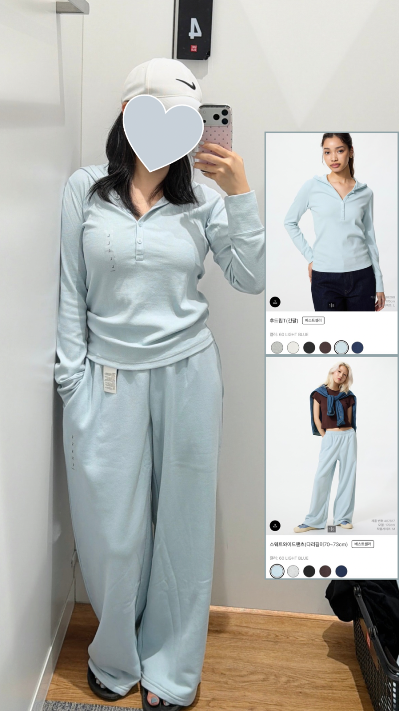 유니클로 후드립티 세트 후기 L / XL 사이즈 비교 156cm 키작녀 착용