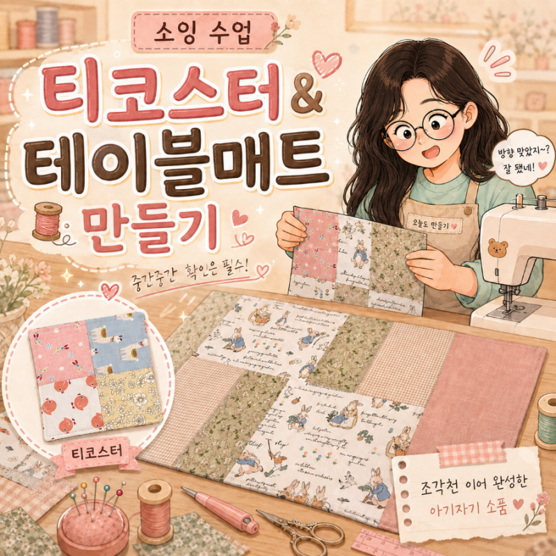 홈소잉 소품 만들기｜조각천 이어 티코스터·테이블매트 만들기