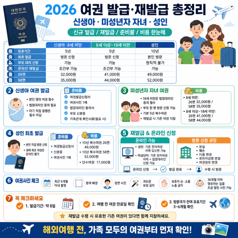 2026 여권 발급 총정리｜신생아·미성년자 자녀·성인 신규발급부터 재발급 준비물·비용까지