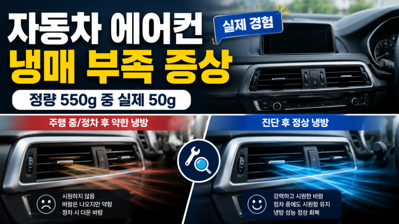 자동차 에어컨 냉매 부족 증상, 실제로 550g 중 50g만 남았습니다