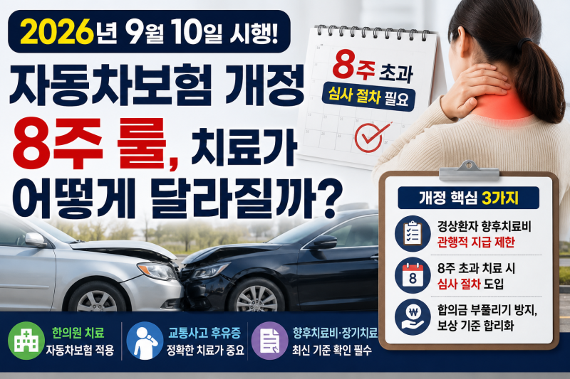 자동차보험 2026 개정, 교통사고 8주 룰과 향후 한의원 치료비 어떻게 달라질까?