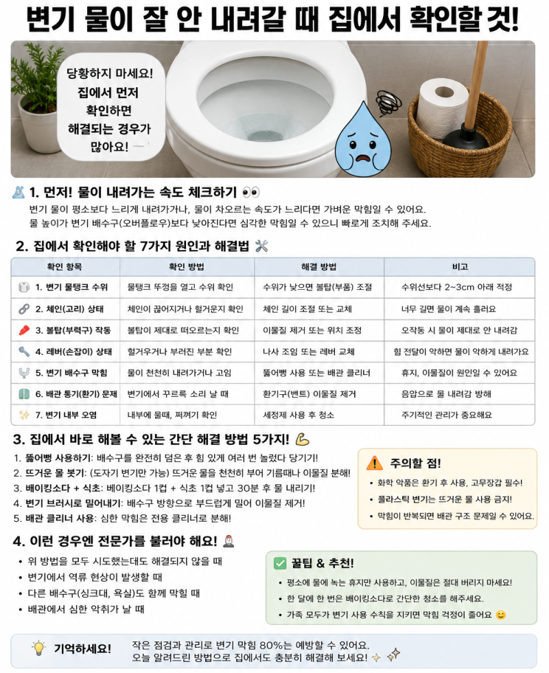 변기 물이 잘 안 내려갈 때? 무작정 물 내리지 마세요! 집에서 5분 만에 확인하는 방법!!