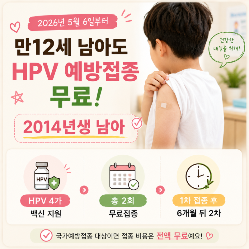 만12세 예방접종, 남아 HPV예방접종도 무료? 2026 지원 대상