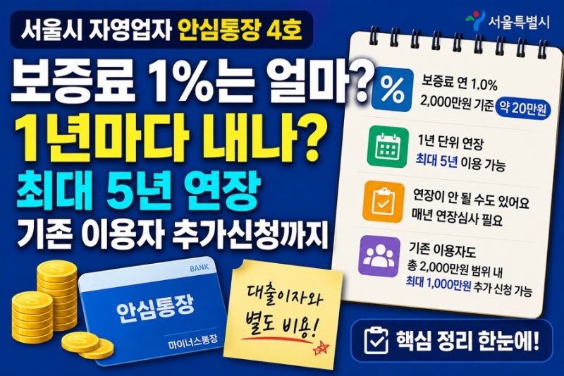 서울시 안심통장 4호 보증료 1%는 얼마? 1년마다 내나 최대 5년 연장 기존 이용자 추가신청까....