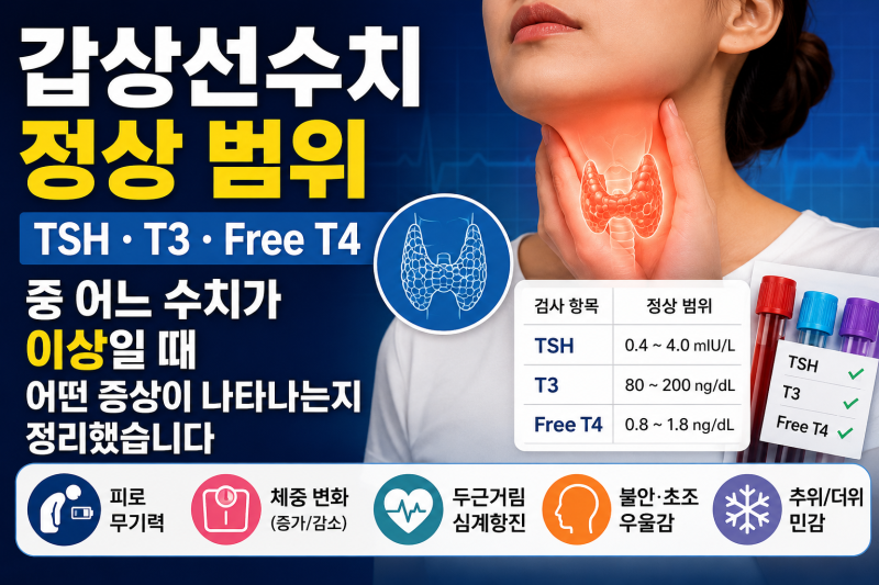 갑상선수치 정상 범위 — TSH·T3·Free T4 중 어느 수치가 이상일 때 어떤 증상이 나타나는지 정....