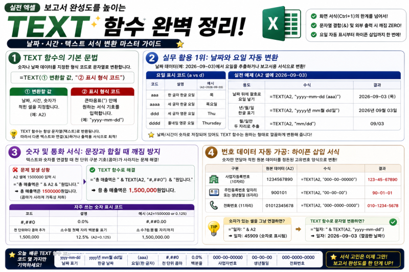 [실전 엑셀] 보고서 완성도를 높이는 날짜·시간·텍스트 서식 변환! TEXT 함수 완벽 정리