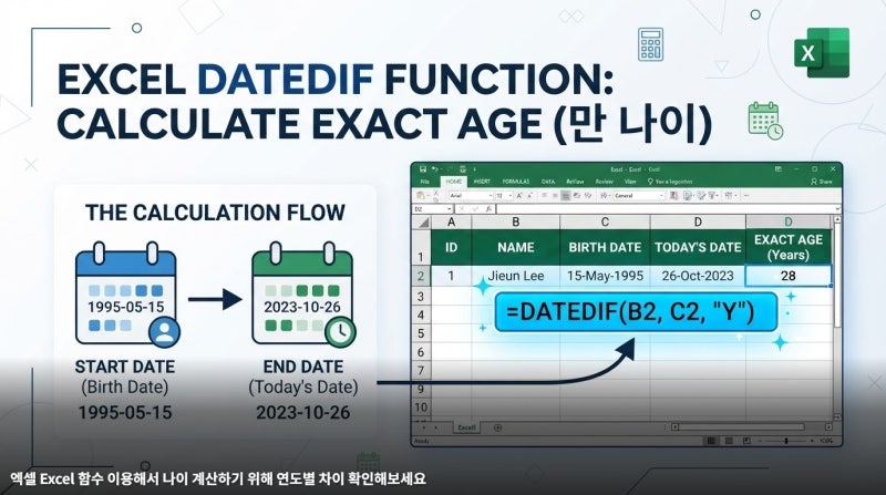 엑셀 Excel 함수 이용해서 나이 계산하기 위해 연도별 차이 확인해보세요