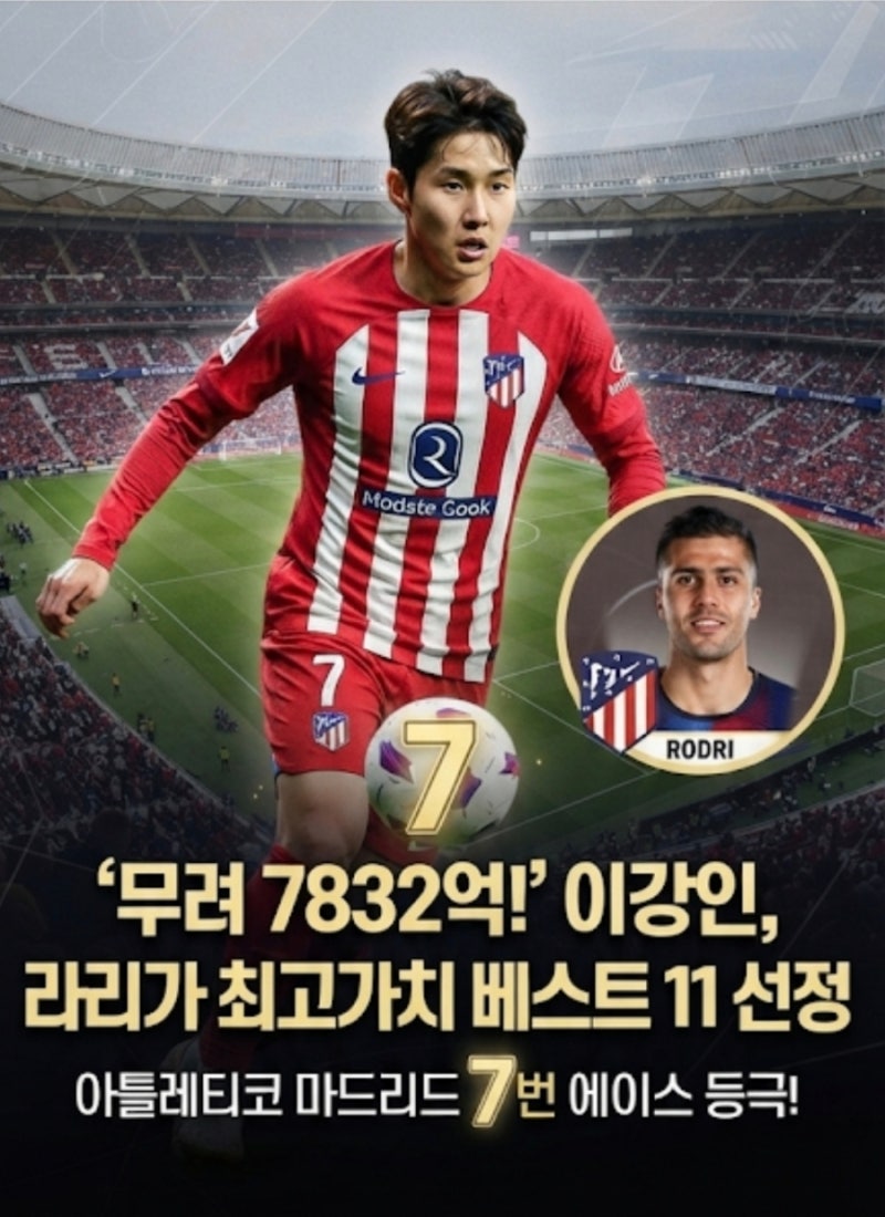 "무려 7,832억! 아틀레티코 마드리드 7번 단 이강인, 라리가 베스트 11 선정"