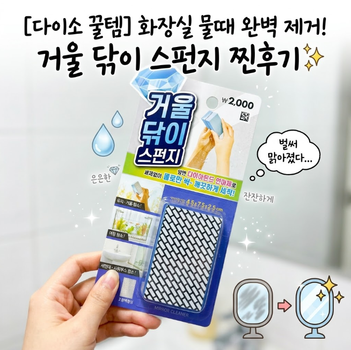 [다이소 꿀템] 화장실 샤워부스 물때 완벽 제거! 다이소 거울 닦이 스펀지 내돈내산 찐후기