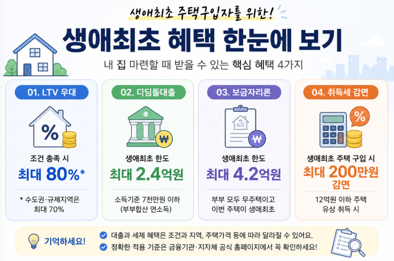 생애최초 주택구입 혜택 총정리｜LTV·디딤돌·보금자리론·취득세까지