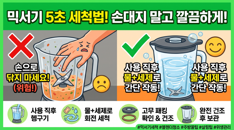 믹서기 세척 + 칼날 찌꺼기 제거｜손 넣어 닦지 않고 깔끔하게 관리하는 법