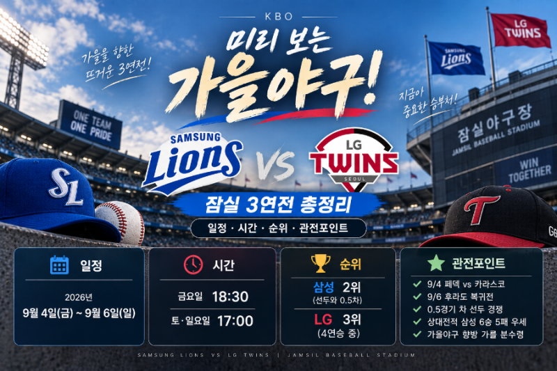 [KBO] 미리 보는 가을야구! 삼성 vs LG 잠실 3연전 총정리 (일정·선발·순위·관전포인트)