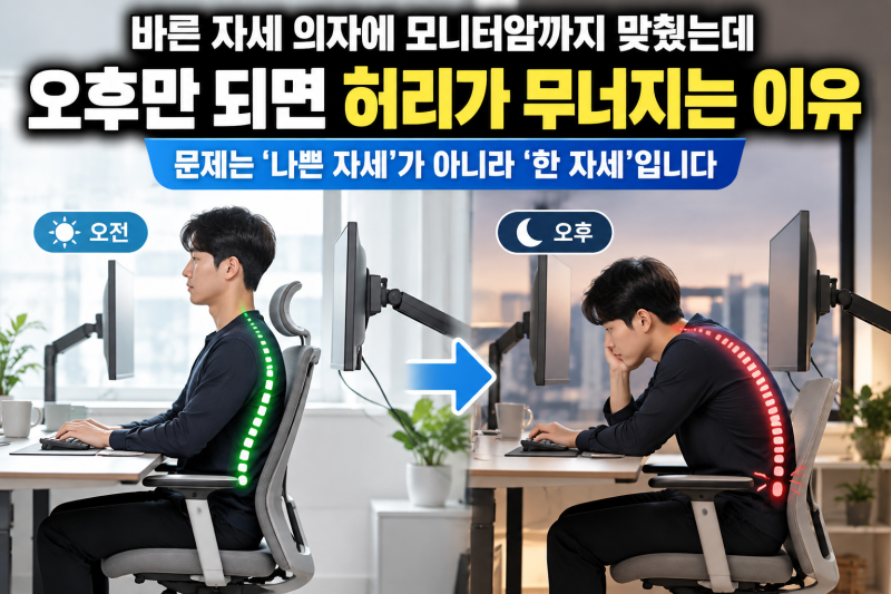 # 바른 자세 의자에 모니터암까지 맞췄는데 오후만 되면 허리가 무너지는 이유 — 문제는 '나....