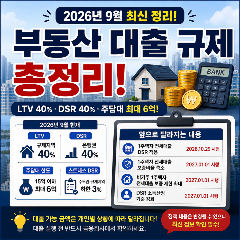 2026년 9월 부동산 대출 규제 총정리｜주담대 최대 6억·LTV 40%·DSR·전세대출