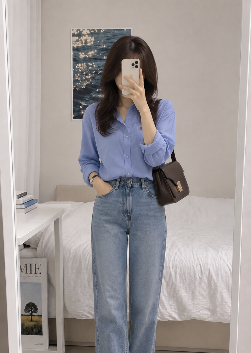 정려원 코디 따라하기 | 블루 블라우스 청바지에 브라운 플랫슈즈 데일리룩