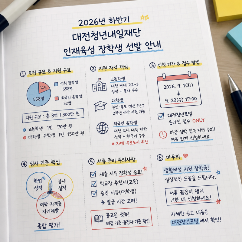 2026년 하반기 대전청년내일재단 인재육성 장학생 선발 안내