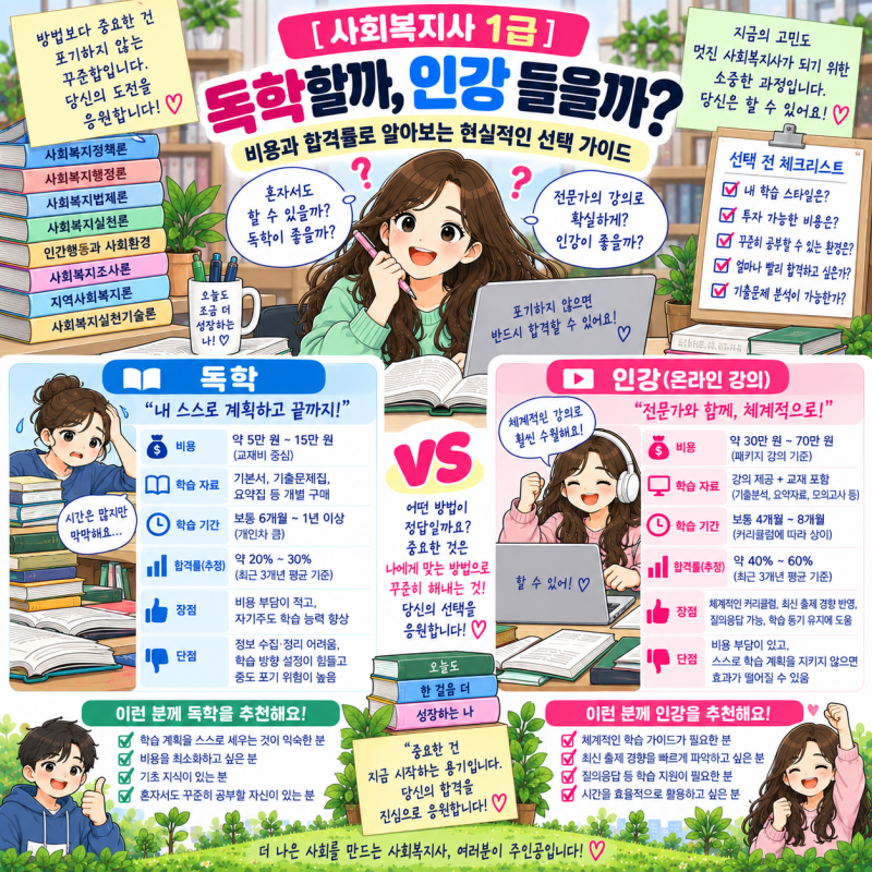 [사회복지사 1급] 독학할까, 인강 들을까? 비용과 합격률로 알아보는 현실적인 선택 가이드