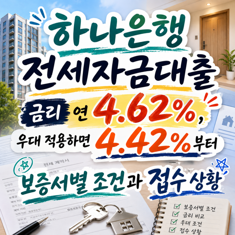 하나은행 전세자금대출 금리 연 4.62%, 우대 적용하면 4.42%부터 — 보증서별 조건과 접수 상황