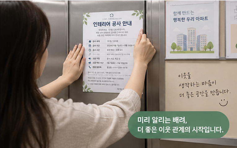 아파트 인테리어 공사 안내문 양식, 엘리베이터 부착 문구 예시와 필수 내용