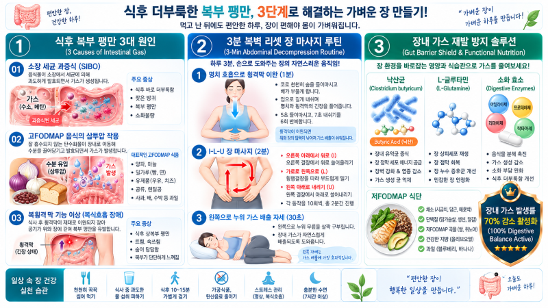 식사 후 배에 가스 차는 이유 3가지, 3분 복부 팽만 복벽 리셋 장 마사지법