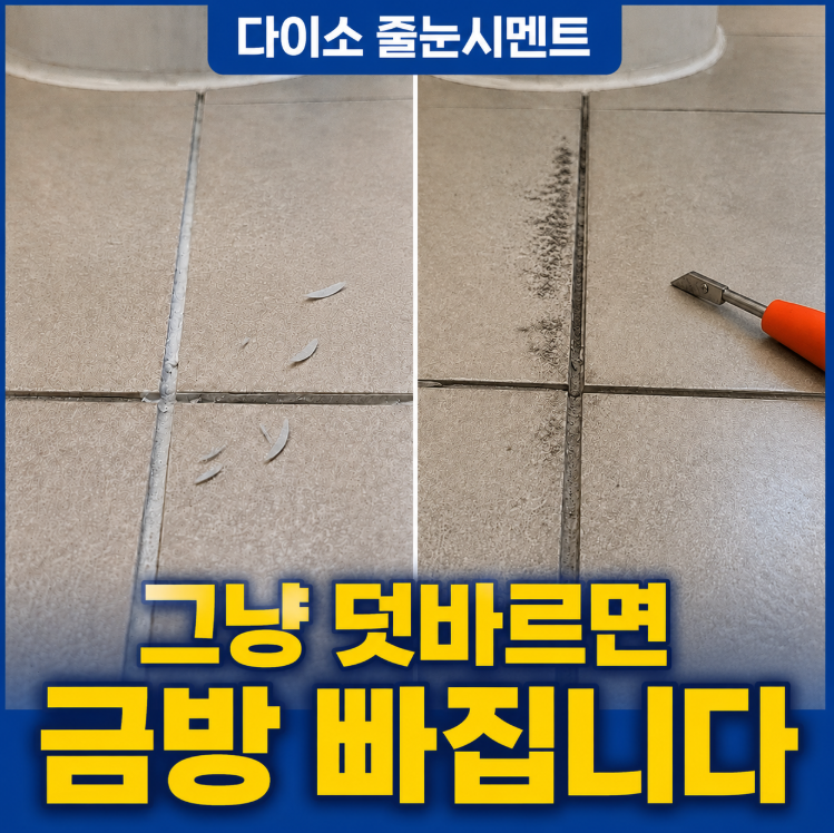 다이소 줄눈시멘트, 기존 줄눈 위에 그냥 덧바르면 금방 빠집니다