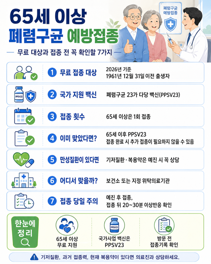 65세 이상 폐렴구균 예방접종, 무료 대상과 접종 전 꼭 확인할 7가지