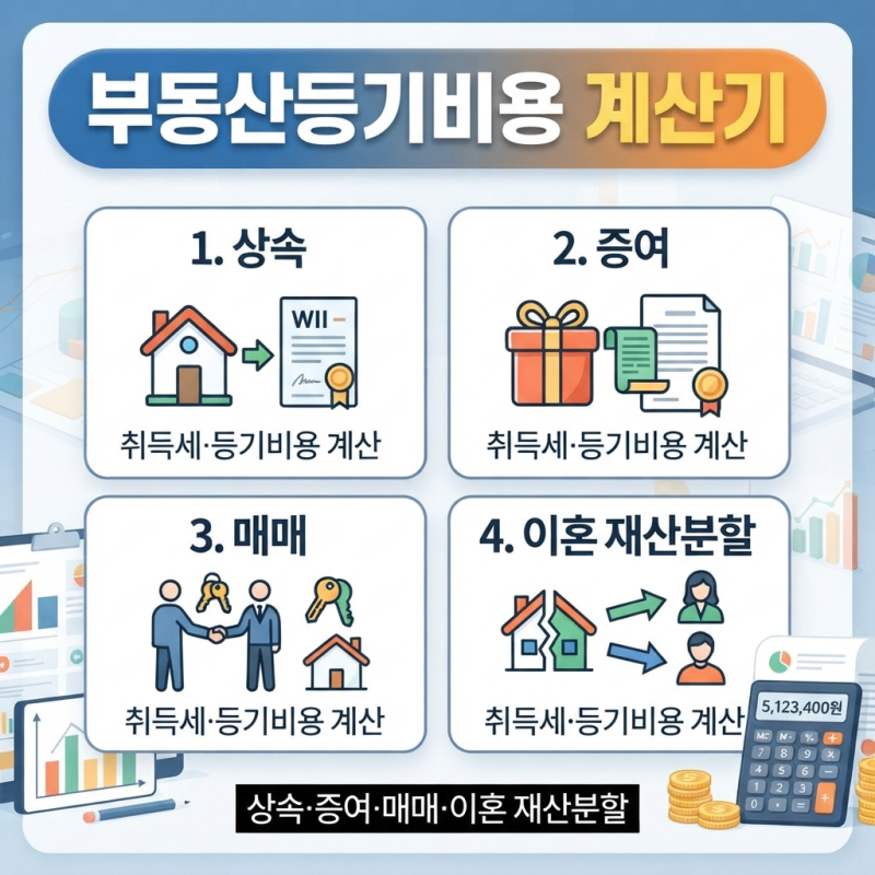 [부동산등기비용 계산기] 상속·증여·매매·이혼 재산분할 취득세와 등기비용 계산