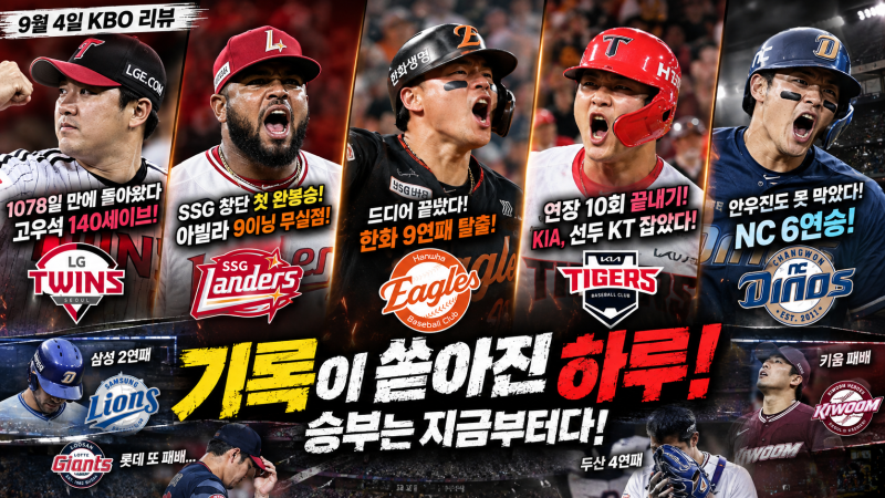 1078일 만에 돌아온 고우석 140세이브…아빌라 SSG 창단 첫 완봉·한화 9연패 탈출 [9월 4일 KBO 리....