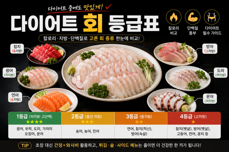 다이어트할 때 어떤 회가 좋을까? 회 칼로리·지방·단백질 등급표 총정리(광어·연어·참치·....