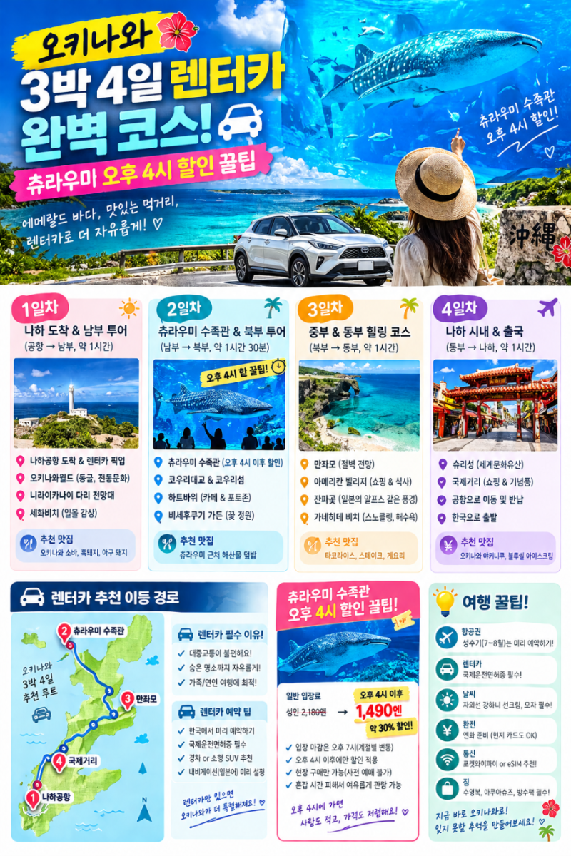 오키나와 3박 4일 렌터카 완벽 코스! 츄라우미 오후 4시 할인 꿀팁