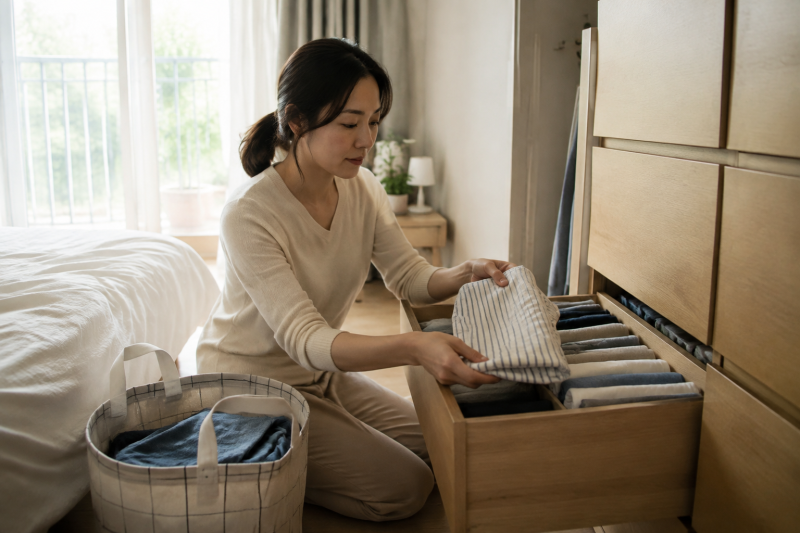 옷 개는법 하나로 서랍이 두 배 넓어집니다, 세로 수납 옷 정리 순서