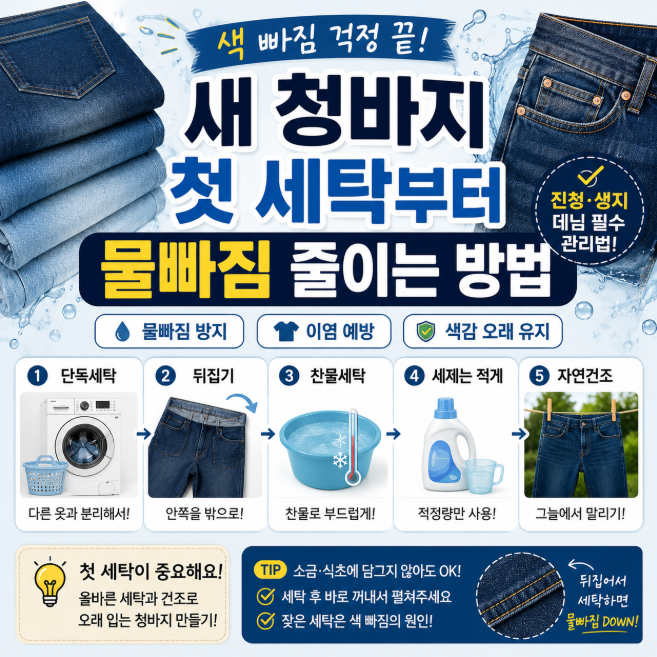 청바지 물빠짐 줄이는 첫 세탁과 건조 방법, 새 청바지 오래 입으려면?