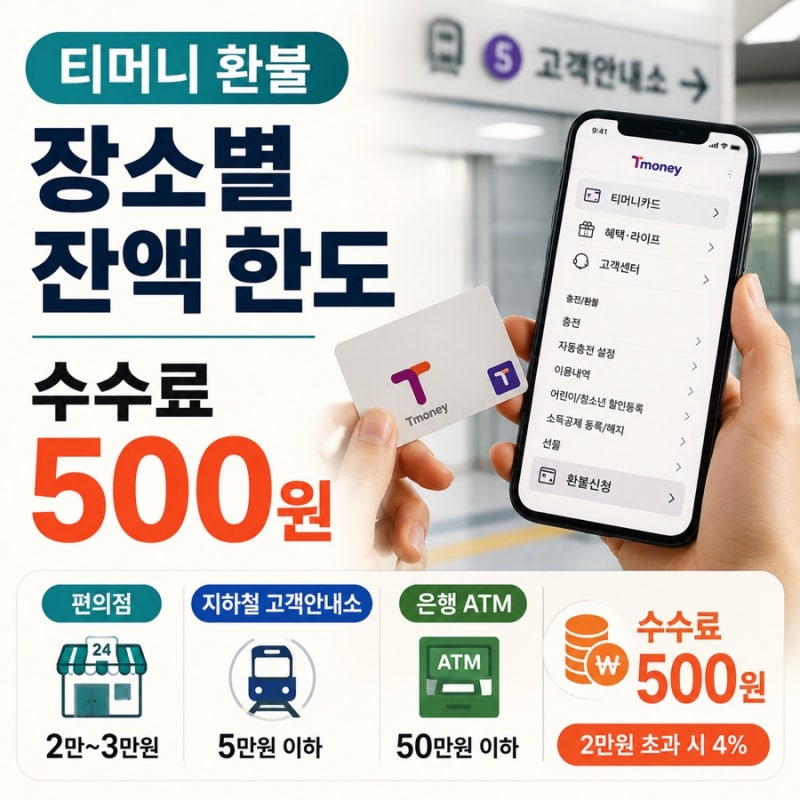 티머니 환불 장소별 잔액 한도와 500원 수수료