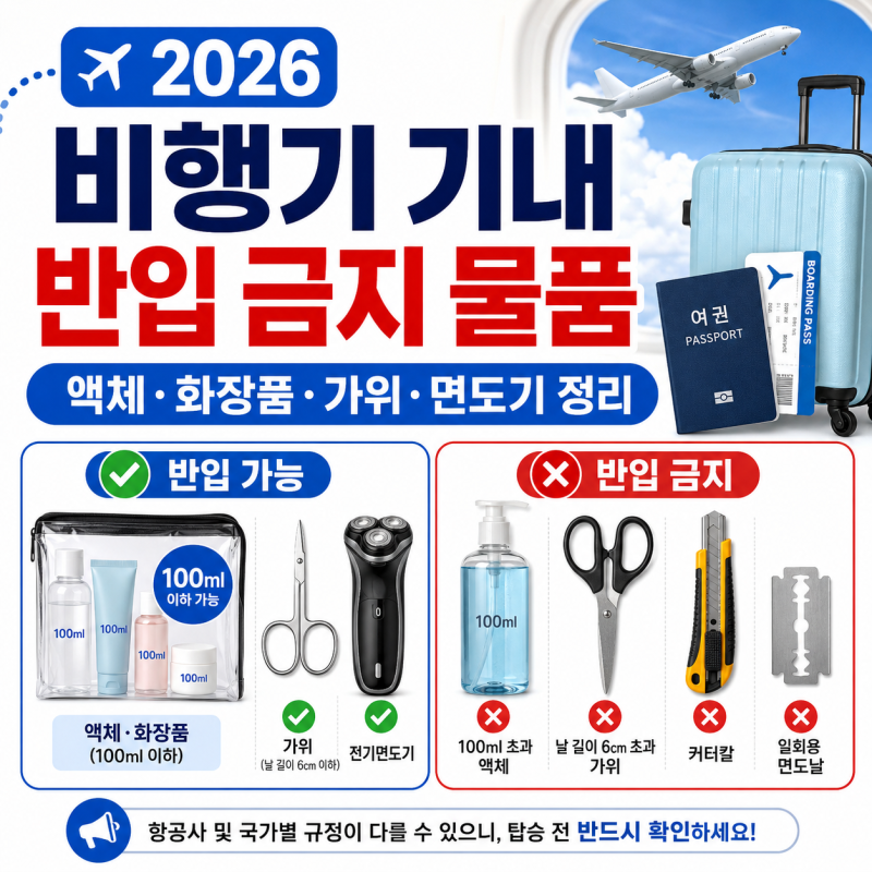 2026 비행기 기내 반입 금지 물품 총정리, 액체·화장품·가위·면도기 가능 여부