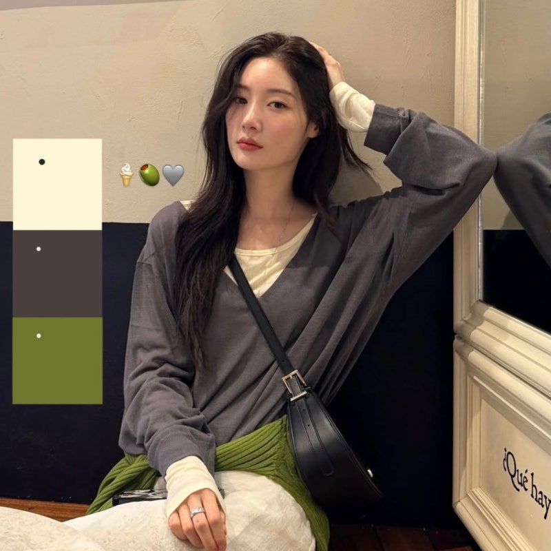 정채연 가을 사복 패션, 색감 예쁜 레이어드 니트 코디