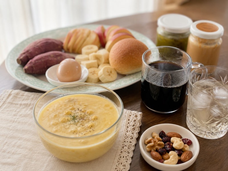 오늘도 가볍게 아침 한상, 고구마 사과 모닝빵 맥반석 계란 칼로리 영양 총정리