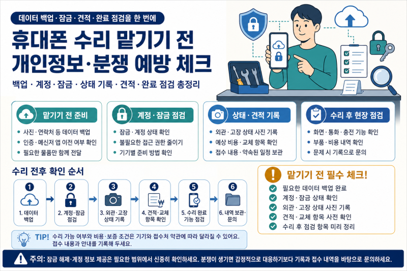 휴대폰 수리 맡기기 전 확인할 것｜데이터 백업·잠금·부품 교체 분쟁 예방