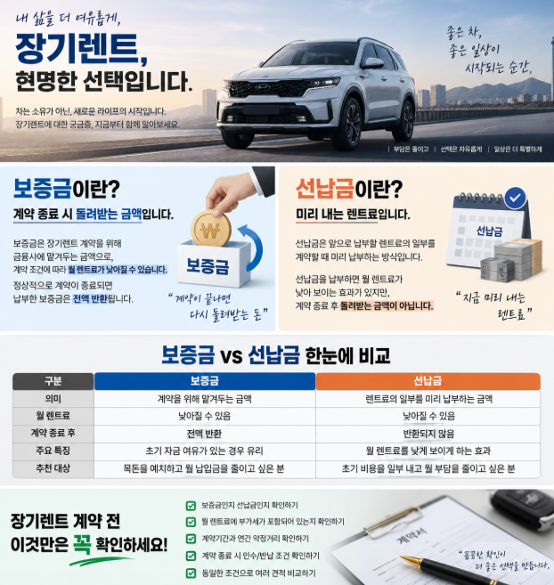 장기렌트 보증금 선납금 차이, 계약 전에 꼭 확인하세요