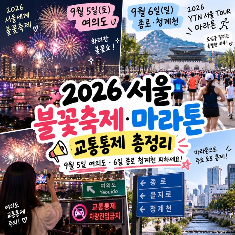 2026 Seoul Fireworks Festival & Marathon Traffic Control Summary | Avoid Yeouido on Sept 5 & Jongno, Cheonggyecheon on Sept 6